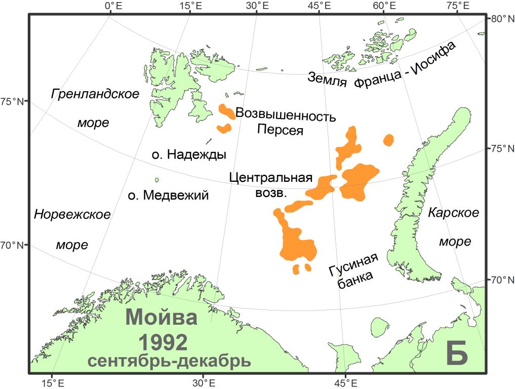Распределение нагульных скоплений мойвы в Баренцевом море в тёплый 1992 г