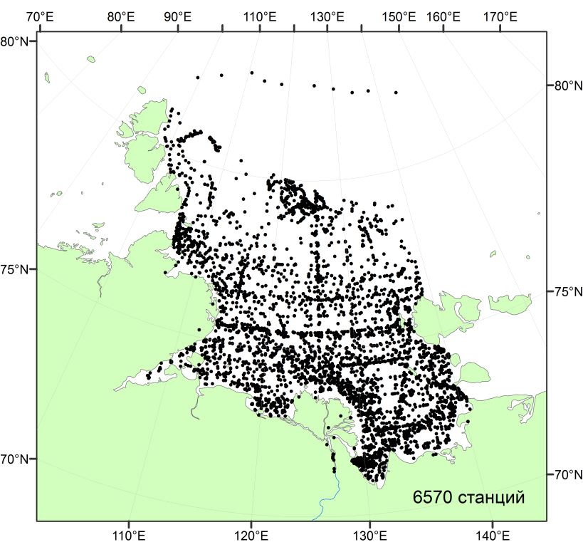 Распределение станций по акватории моря Лаптевых (1878-2009 гг.)