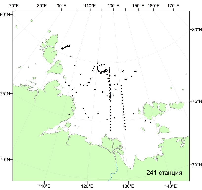 Станции в базе данных моря Лаптевых, выполненные в период 2001-2009  