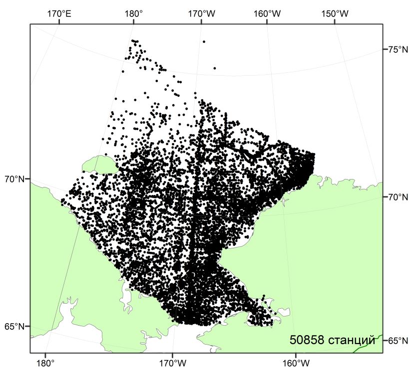 Распределение станций по акватории Чукотского моря (1849-2012 гг.)